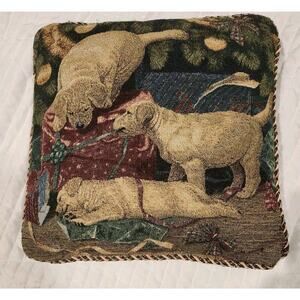 VINTAGE LAB PUPPIES CHRISTMAS TAPESTRY PILLOW BY MIA LANE. PRESENTS 16" SQUARE.